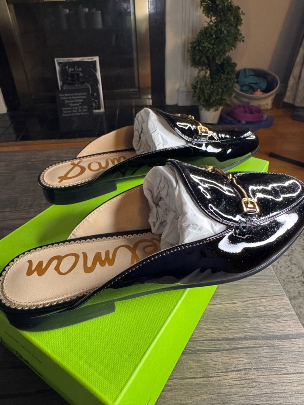 Sam Edelman Black Patent Slip-On Mule with Gold Bit